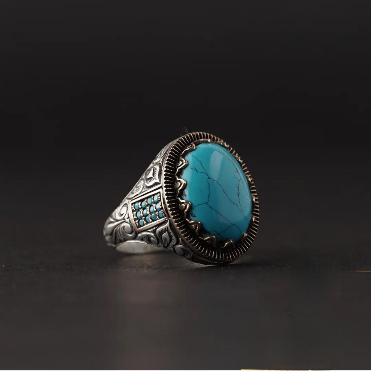 Minimalist turquoise men's ring with Ottoman motifs in 925 sterling silver