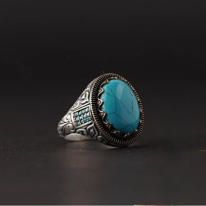 Minimalist turquoise men's ring with Ottoman motifs in 925 sterling silver
