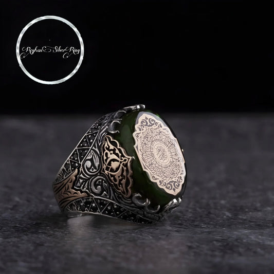 Vezirhan green amber ring with Surah Al-Inshirah in 925 sterling silver