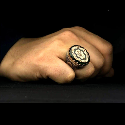 Vuslat Ring, Green Amber, Alhamdulillah & Astaghfirullah in 925 sterling silver