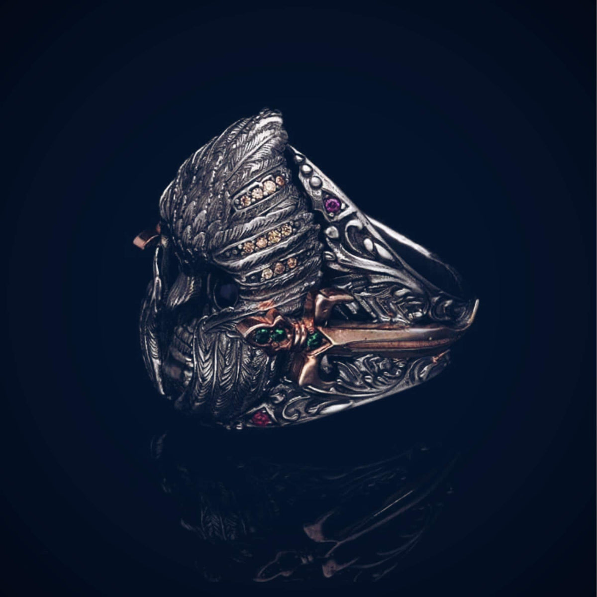Warrior knight skull ring with colored zircon in 925 sterling silver