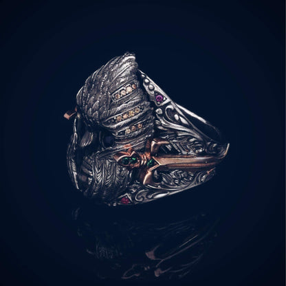 Warrior knight skull ring with colored zircon in 925 sterling silver