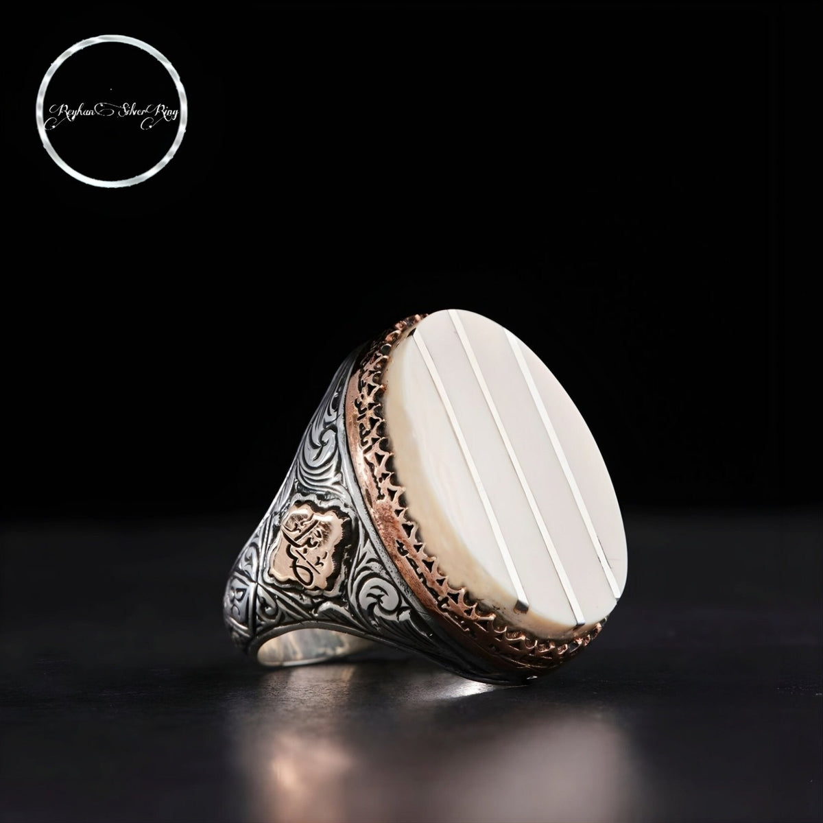 White Pearl Ring, Al-Haqq & As-Sabr (Truth and Patience) in 925 sterling silver