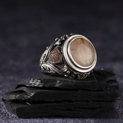 White rutile quartz men's ring in 925 sterling silver