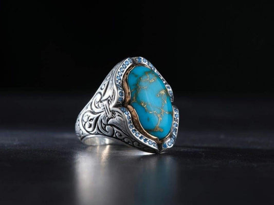 White turquoise men's ring with black zircon in 925 sterling silver