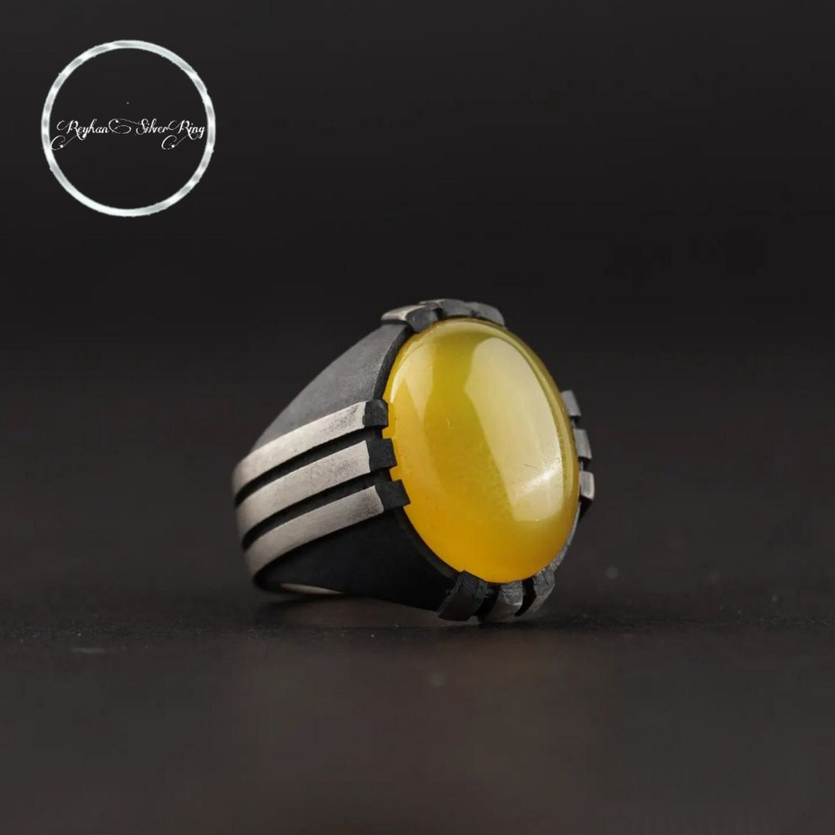Yellow agate men's ring in claw setting in 925 sterling silver