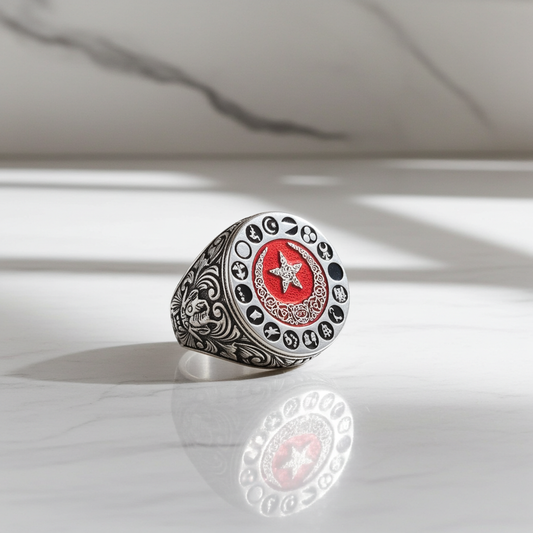 16 Turkic States Flag Ring 925 Sterling Silver Oval OttomanHandmade Men